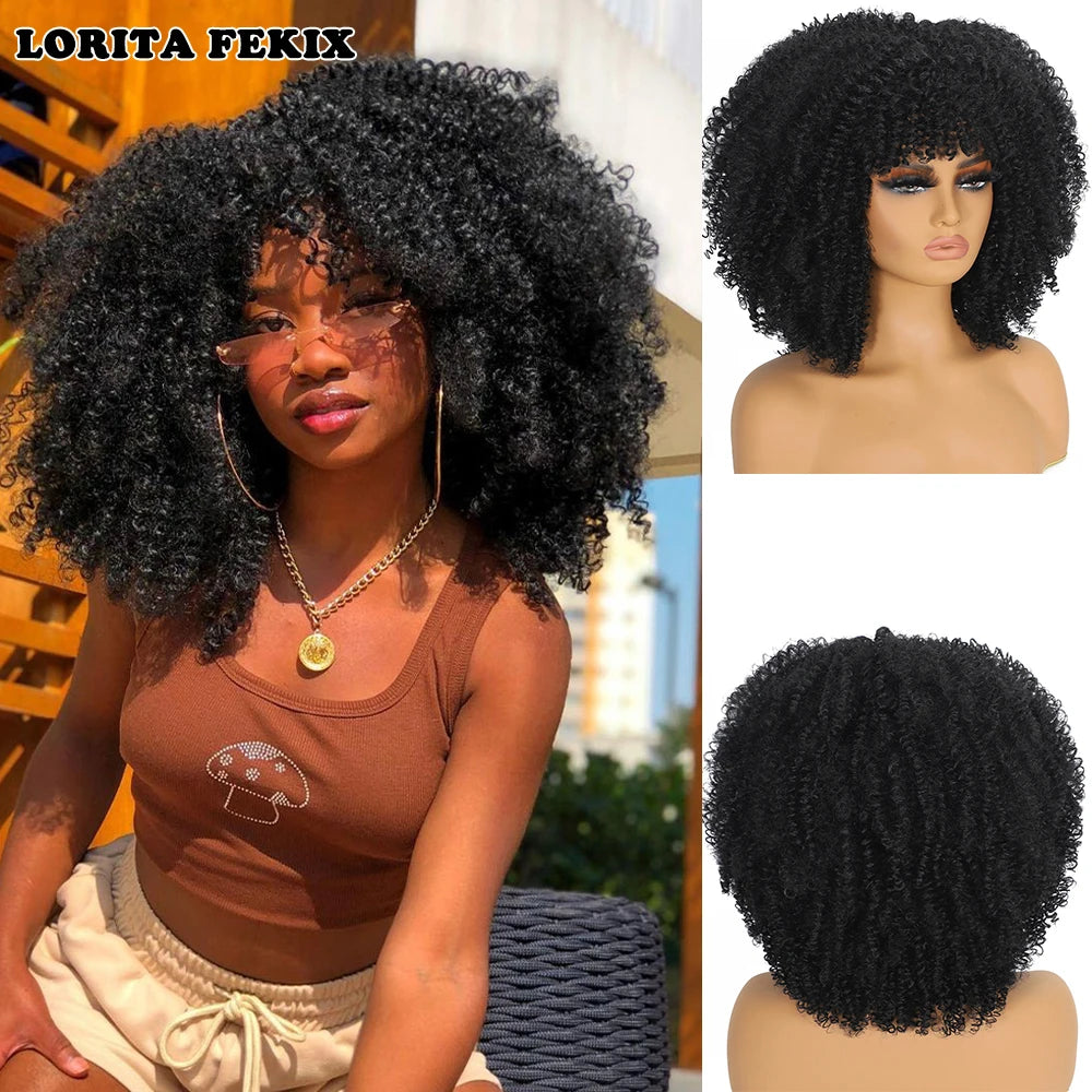 Soft Short Fluffy Afro Curly Wig With Bangs For Women