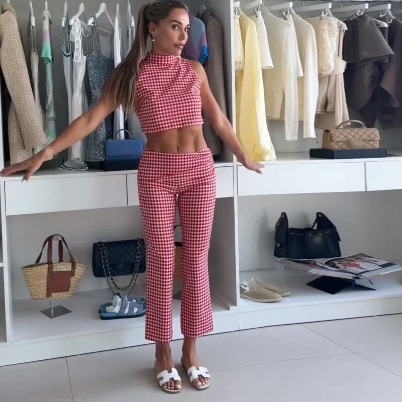 Casual Plaid Vest And Pleated Pants Set Beachwear for Women