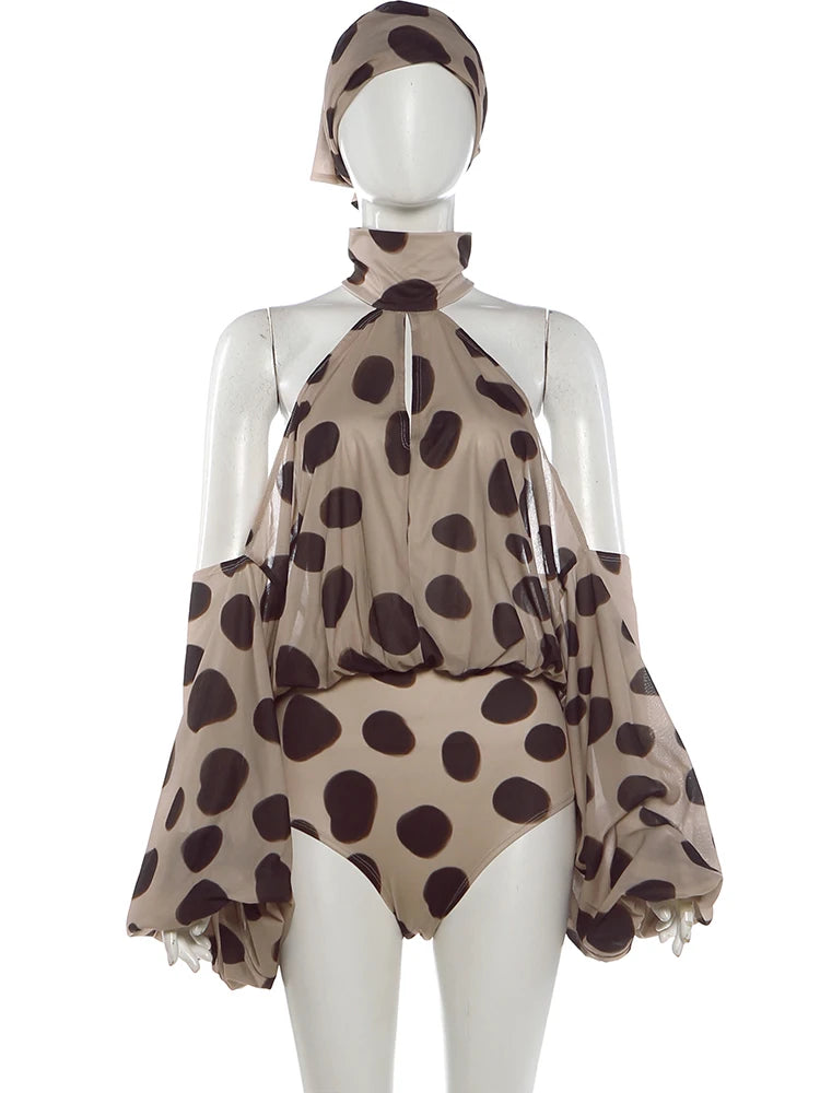 Polka Dot Halter Backless Playsuit With Headscarf for Women