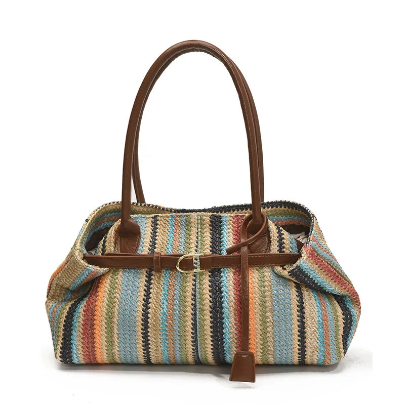 Large capacity rainbow woven tote bag, women's new versatile commuting beach bag, shoulder bag