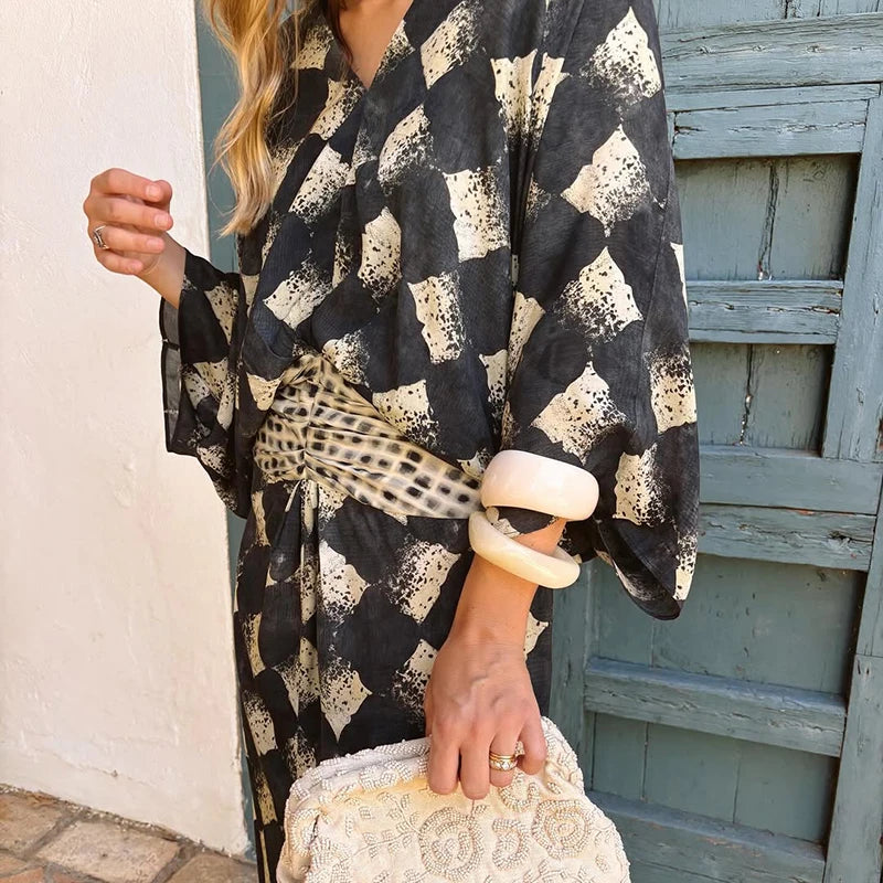 Casual Patchwork Print V Neck Maxi Dress for Women