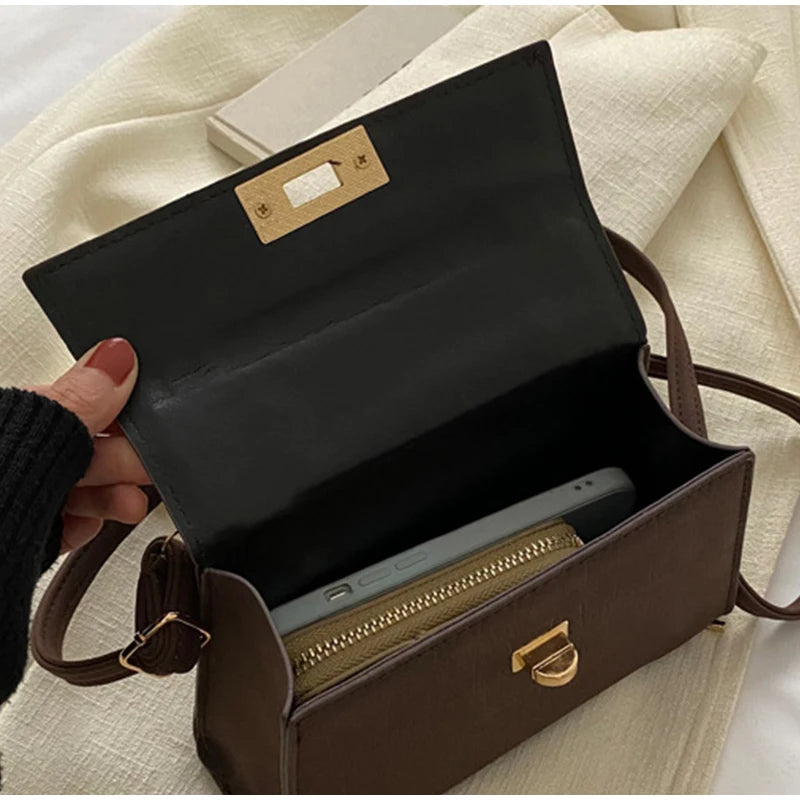 Luxury Fashion Small Square Bag Brand Design Advanced Leather Lock Simple Commuting Solid Color Texture Handbag Messenger Bag