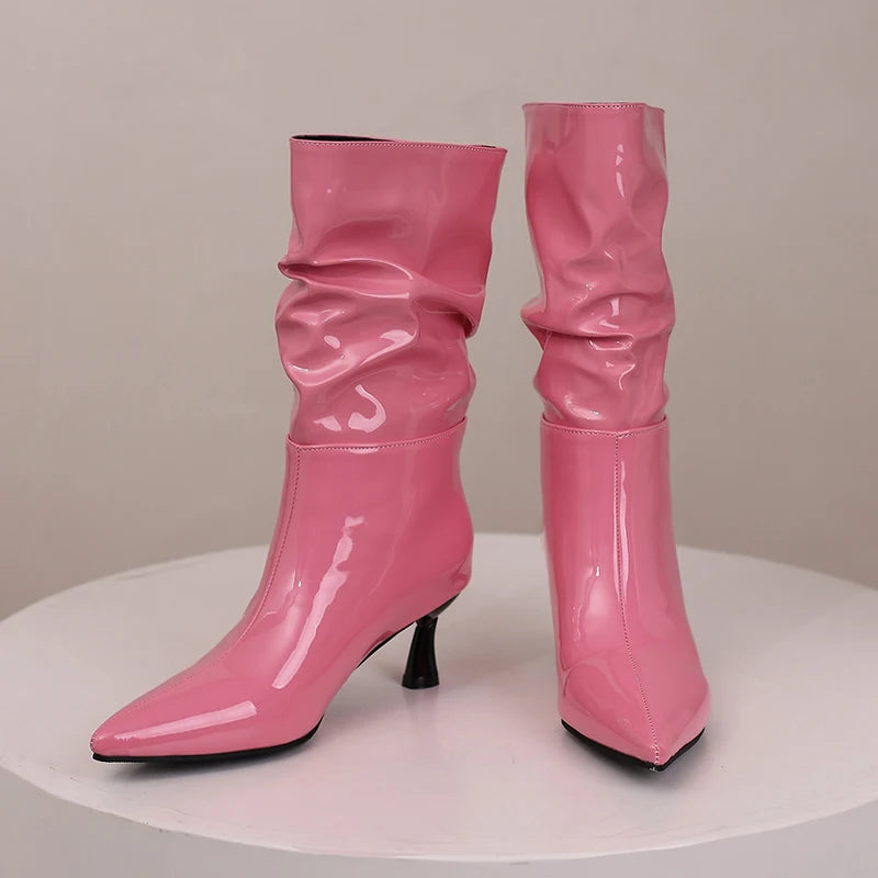 Patent Leather Pointed Toe Mid Calf Slouch Boots for Women