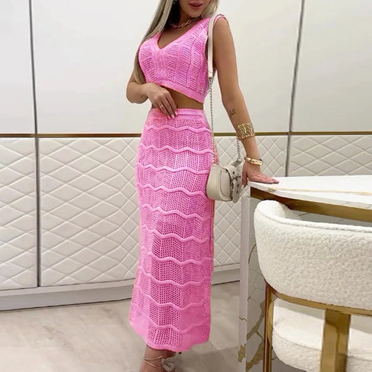 Solid Color Knitted Slim Fit Two Piece Set Casual Hollow Out Beach Outfit Lady Summer V Neck Sleeveless Top and Long Skirt Suit
