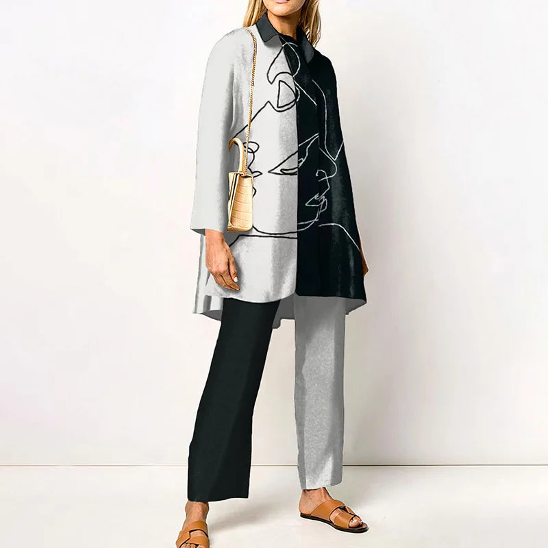 2022 Sets Womens Outfits Elegant Loungewear Print Spring Autumn 2PCS Ladies Suit Long Sleeve Wide Leg Pants Loose Fit Streetwear