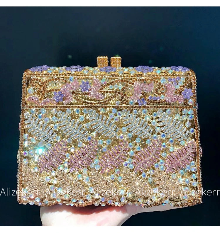 Metallic Leaf Diamond Evening Bag With Rhinestone Accents for Women