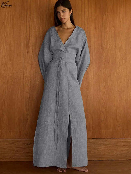 Oymimi Elegant Grey V-Neck Womens Dresses Fashion Long Sleeve Lace-Up Loose Dresses Casual Side Slit Ankle-Length Dress Female
