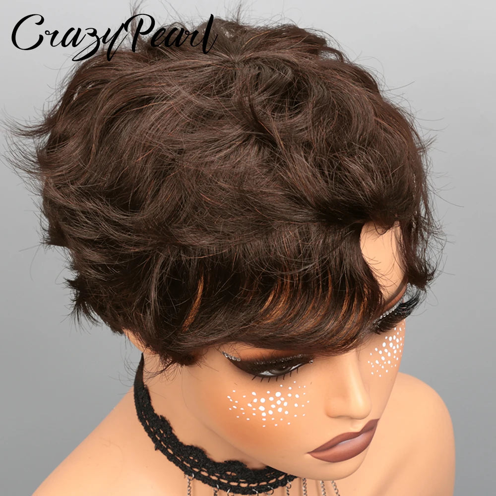 Dark Brown Short Pixie Lace Front Human Hair Wig for Women