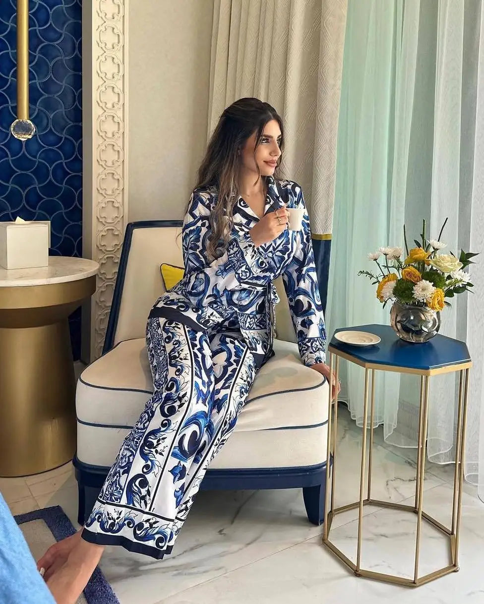 Casual Turn Down Collar Two Piece Pants Set for Women