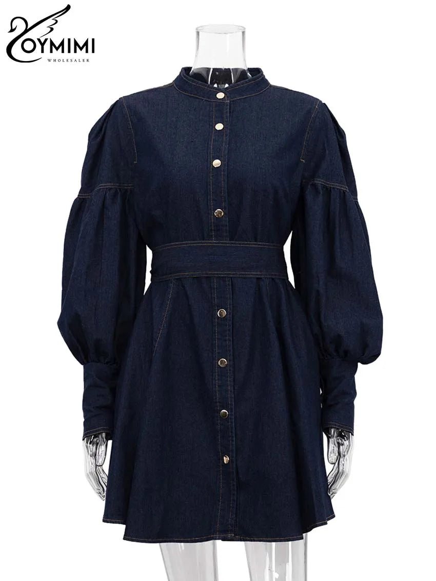 Oymimi Elegant Blue Denim Womens Dresses Fashion O-Neck Long Sleeve High Waisted Dresses Casual Button Mini Dress Streetwear