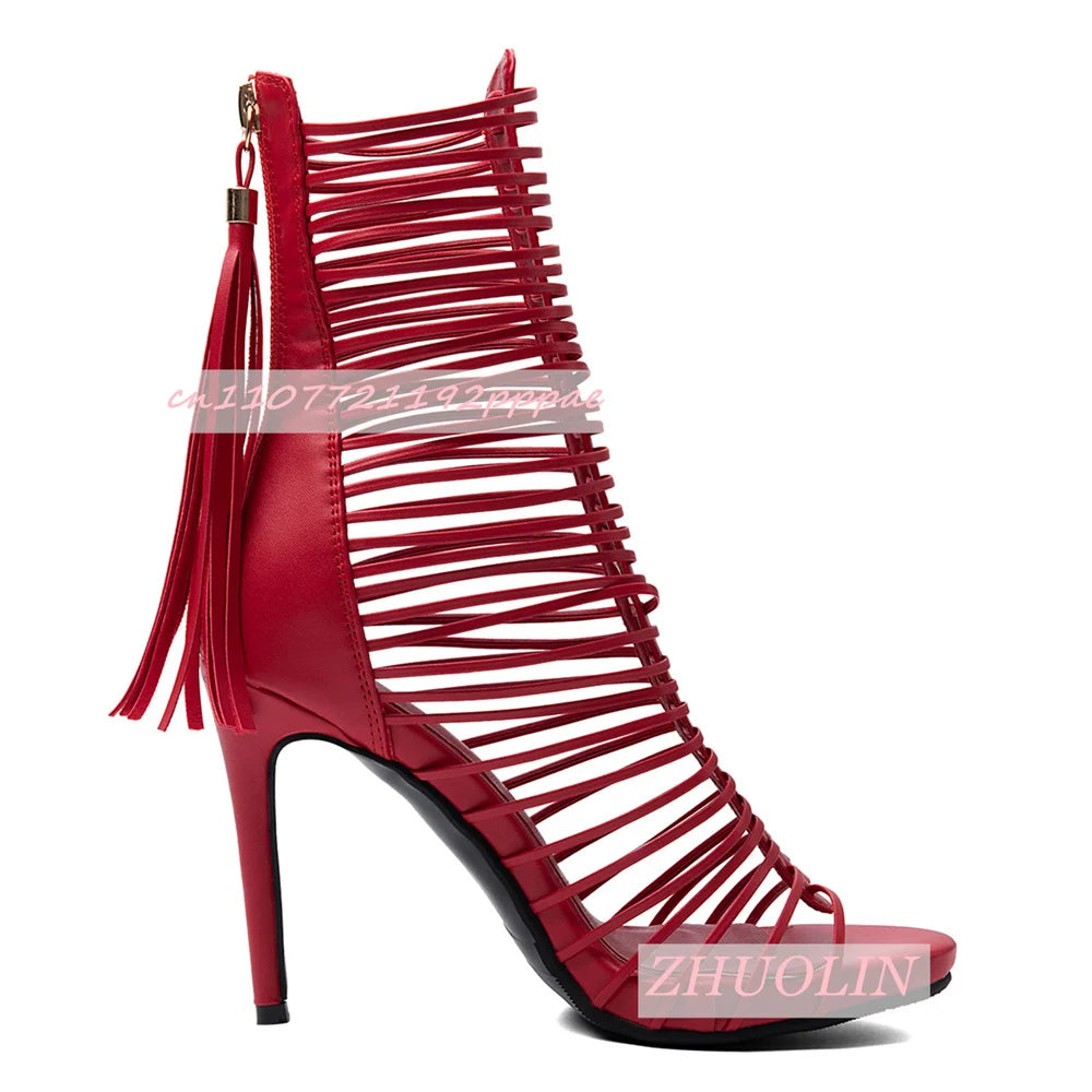 Red Fringe Gladiator Knee High Sandals Open Toe Platform for Women
