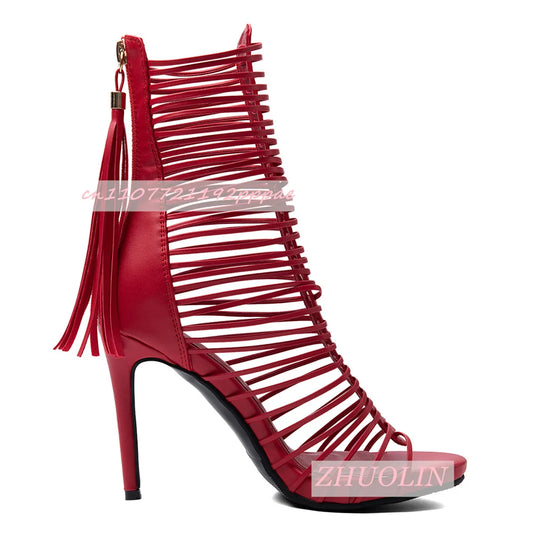 Red Fringe Knee High Gladiator Sandals
