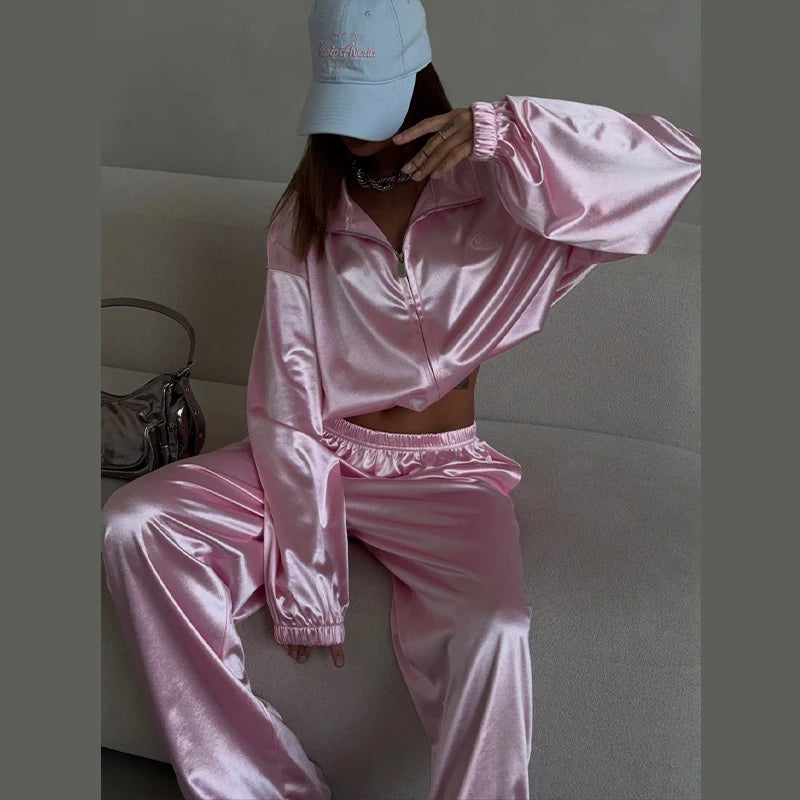 Loose Solid Satin Two Piece Pants Set With Zipper Jacket For Women