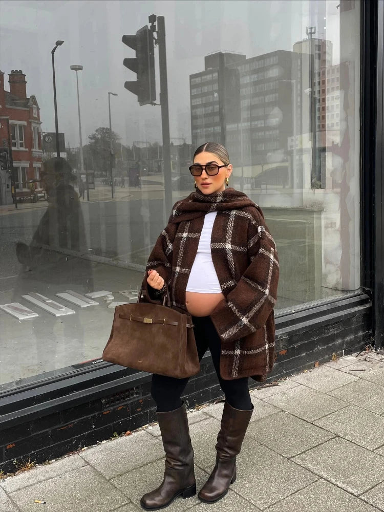 Plaid V-Neck Knit Cardigan With Double Pockets For Women