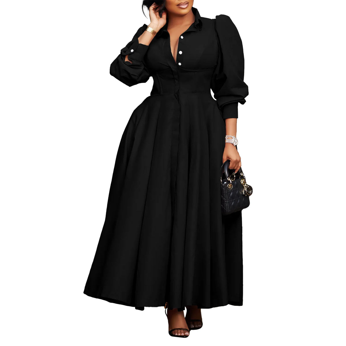 Plus Size V-Neck Long Sleeve Ankle-Length Dress for Women