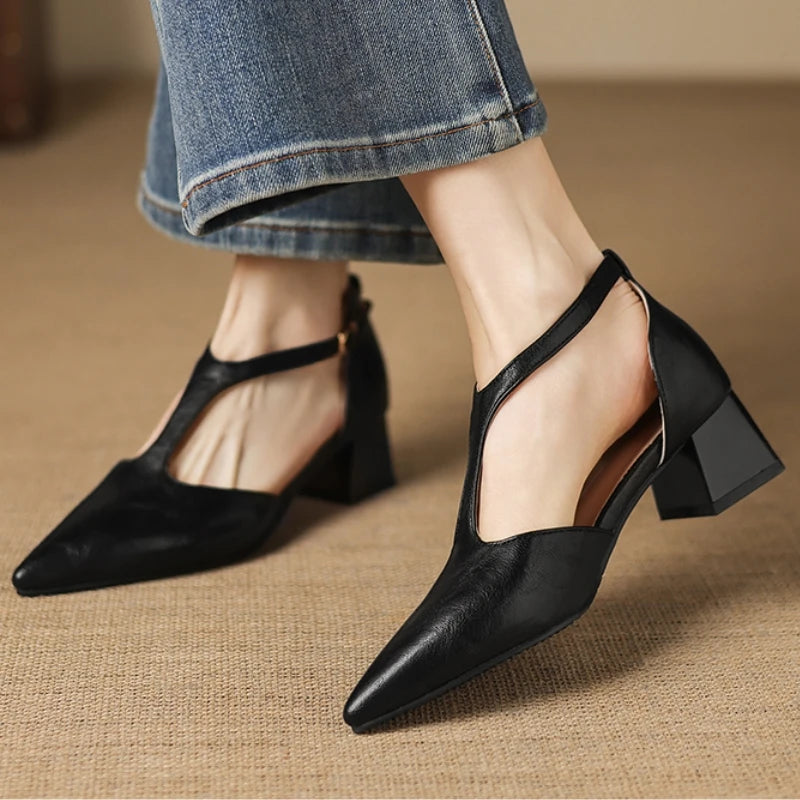 Point Toe Square Heel Mary Jane Pumps