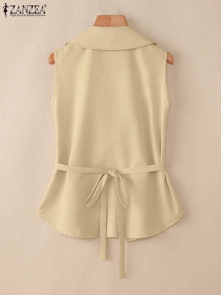 ZANZEA Elegant Women Sleeveless Blazer Fashion Lapel Neck Sashes Vest Tops 2025 Summer Lightweight Office Wear Commuting Tops