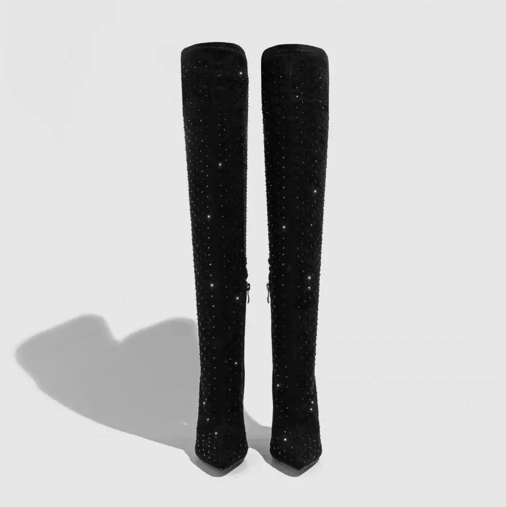 Stylish Suede Over The Knee Rhinestone Pointed Toe High Heel Boots for Women