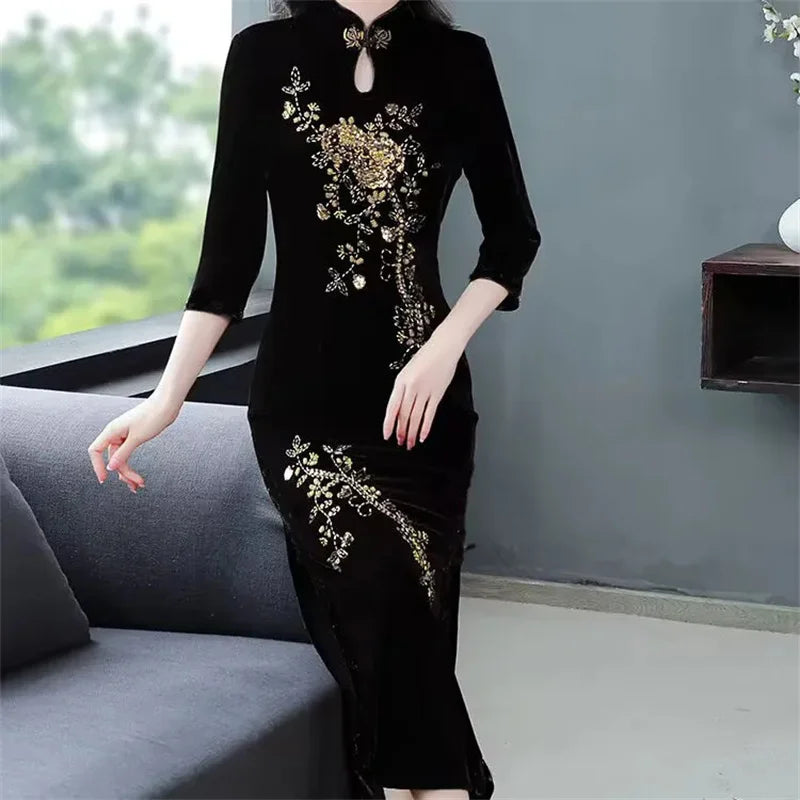 Spring Autumn Women New Embroidered Gold Velvet Cheongsam High-end Temperament Fashionable Wedding Dress Slim Bag Hip Slit Skirt
