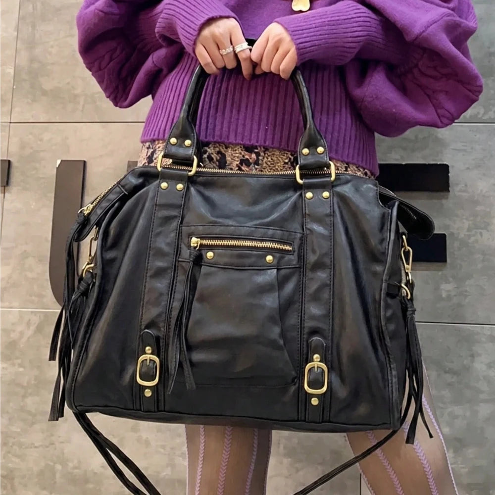 Retro Multi-Pocket Motorcycle Shoulder Bag for Women
