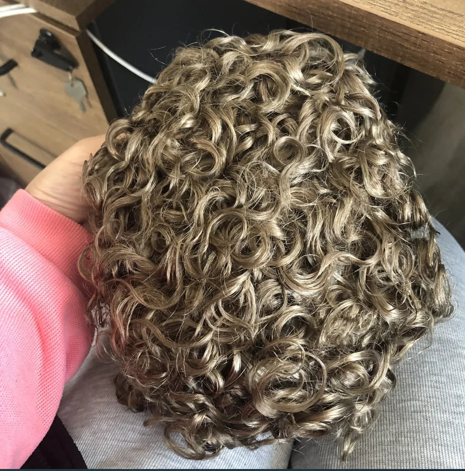 Curly Blonde Human Hair Toupee With Natural Hairline for Women