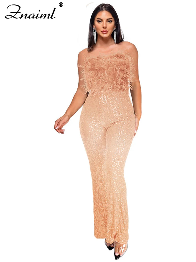 Znaiml New Luxury Sequins Jumpsuit with Colorful Feathers Sleeveless Shiny Dress Women's Evening Birathday One Pieces Rompers