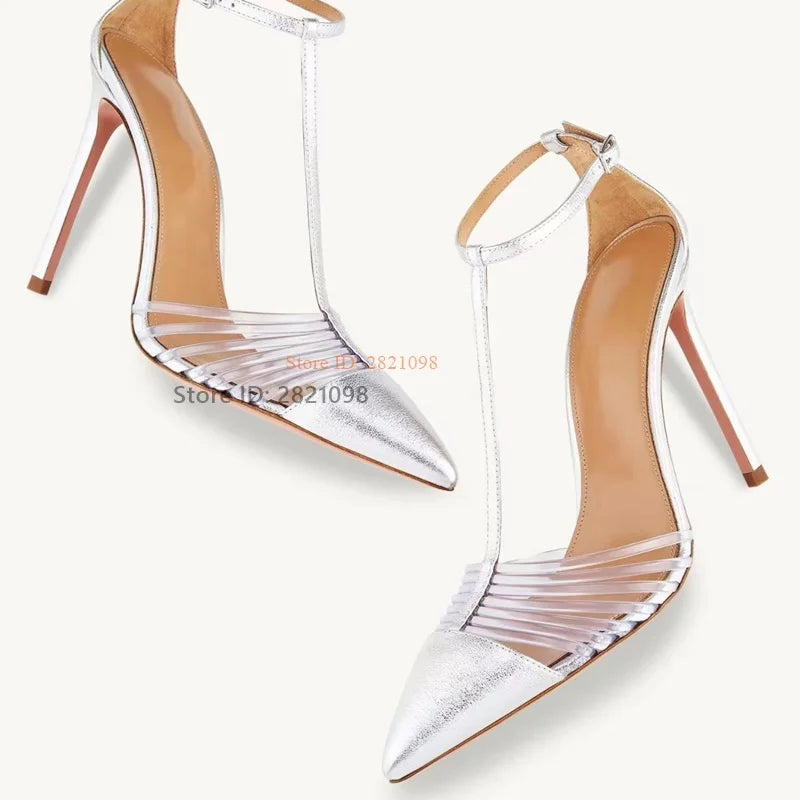 Ankle Wrap Hollow Out Pointed Toe Leather Pumps for Women