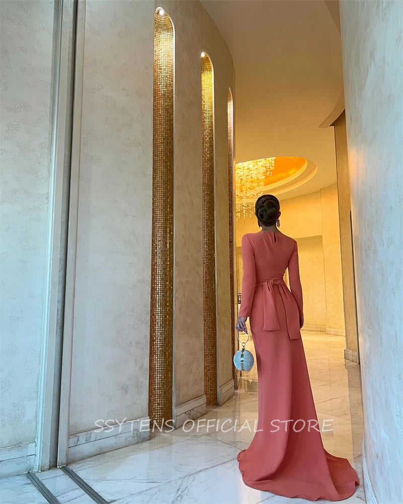Elegant Long Sleeve Satin Mermaid Floor Length Evening Dress for Women