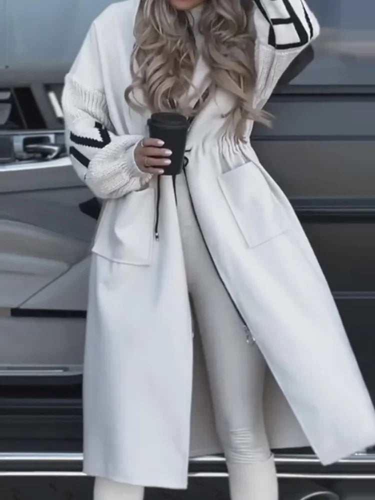 New Hooded Long Sleeve Cardigan Coat, Women Autumn Winter Simple Patchwork Zipper Jackets, Casual Lace-Up Fashion Maxi Outerwear
