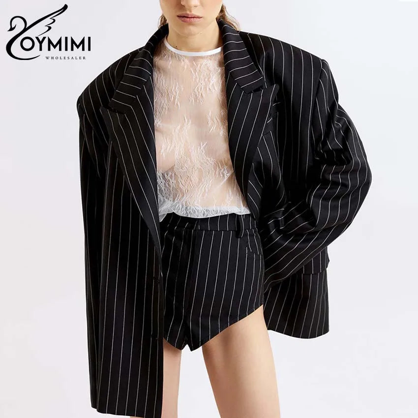 Oymimi Elegant Black Print Two Pice Outfits For Women Fashion Long Sleeve Single Button Blazers And High Waist Shorts Female Set