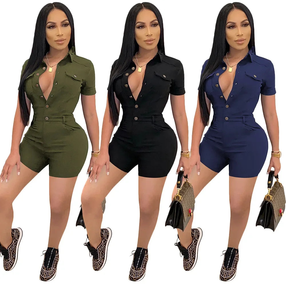 Summer V Neck Mesh Cargo Short Jumpsuit for Women