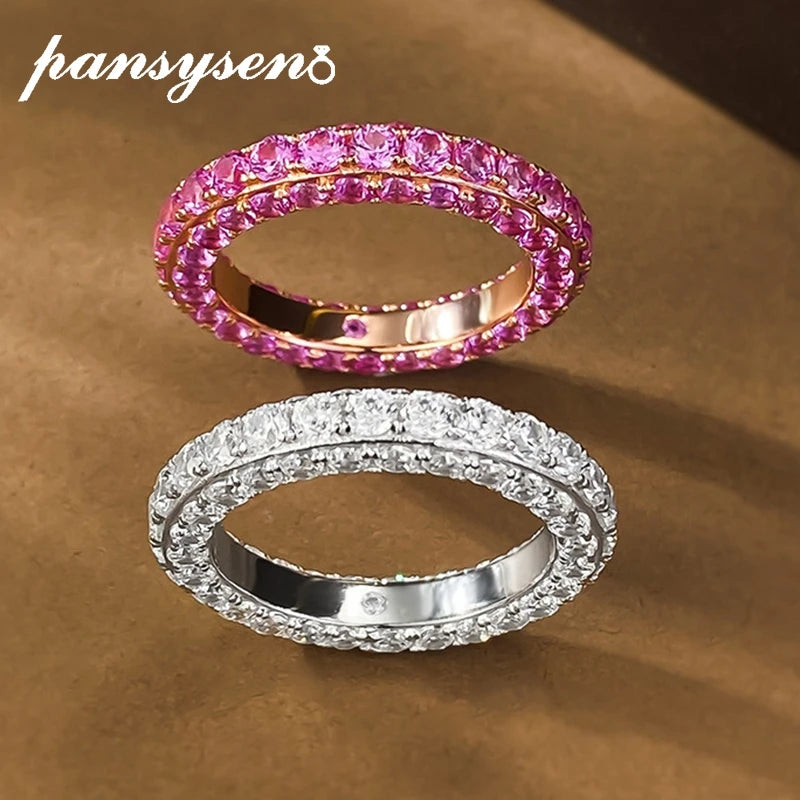 PANSYSEN Luxury 925 Sterling Silver Pink Sapphire High Carbon Diamond Ring for Women 18k White Gold Plated Wedding Party Jewelry