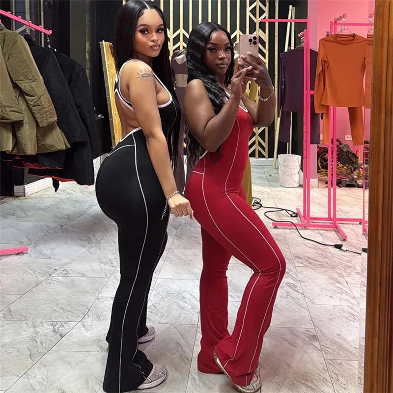 FAGADOER Fashion Striped Patchwork Bodycon Jumpsuits Women Sleeveless Backless Hollow Out Rompers Female Streetwear Overall New