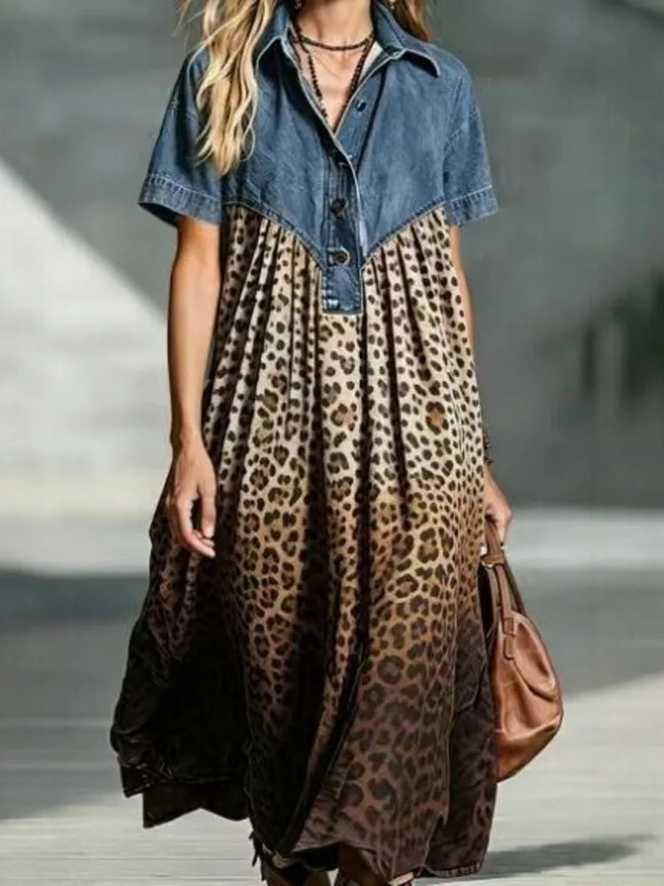 Leopard Print Denim Panel Maxi Dress