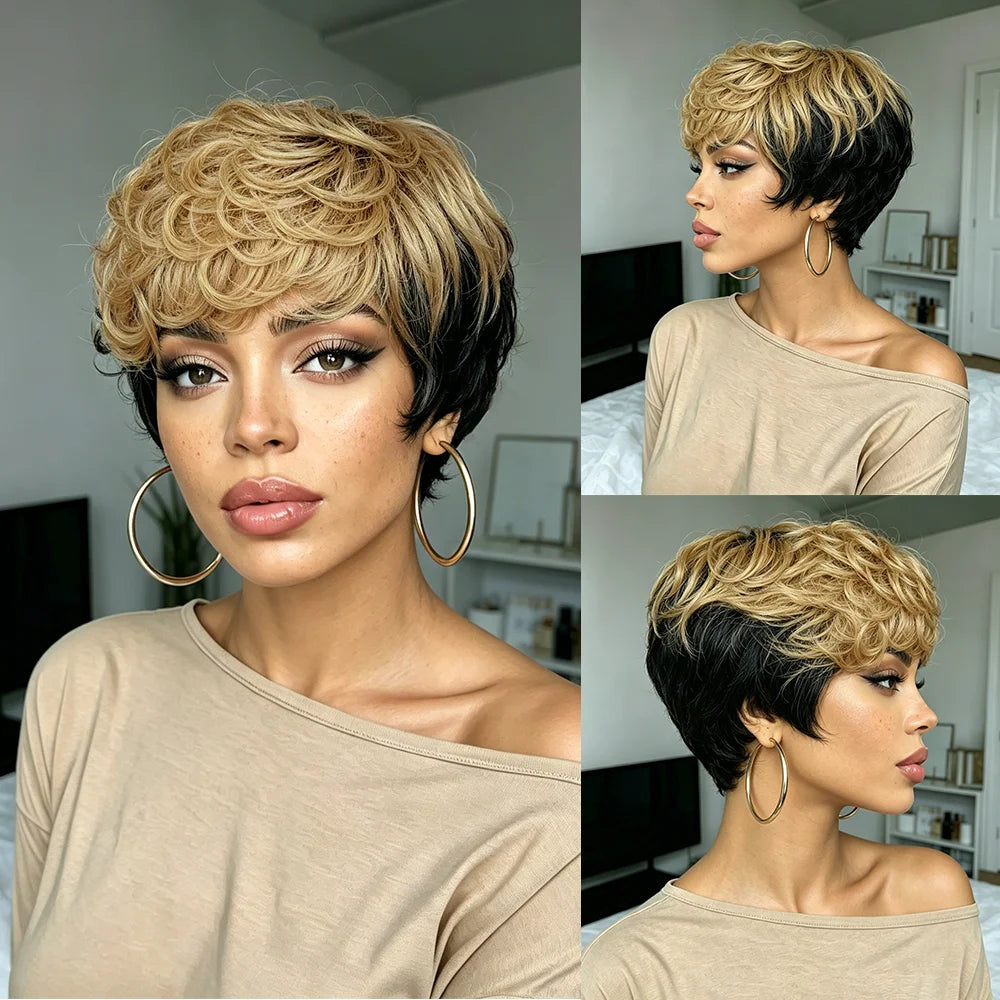 Kinky Curly Bob Wig With Bangs Black Champagne Human Hair For Women