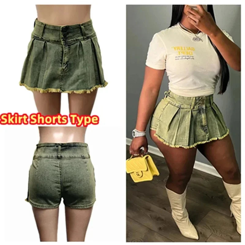 FAGADOER Y2k Denim Shorts Women Pleated Skirt Shorts Summer Stretchy Casual Shorts Retro 90s Fashion Streetwear Short Pants