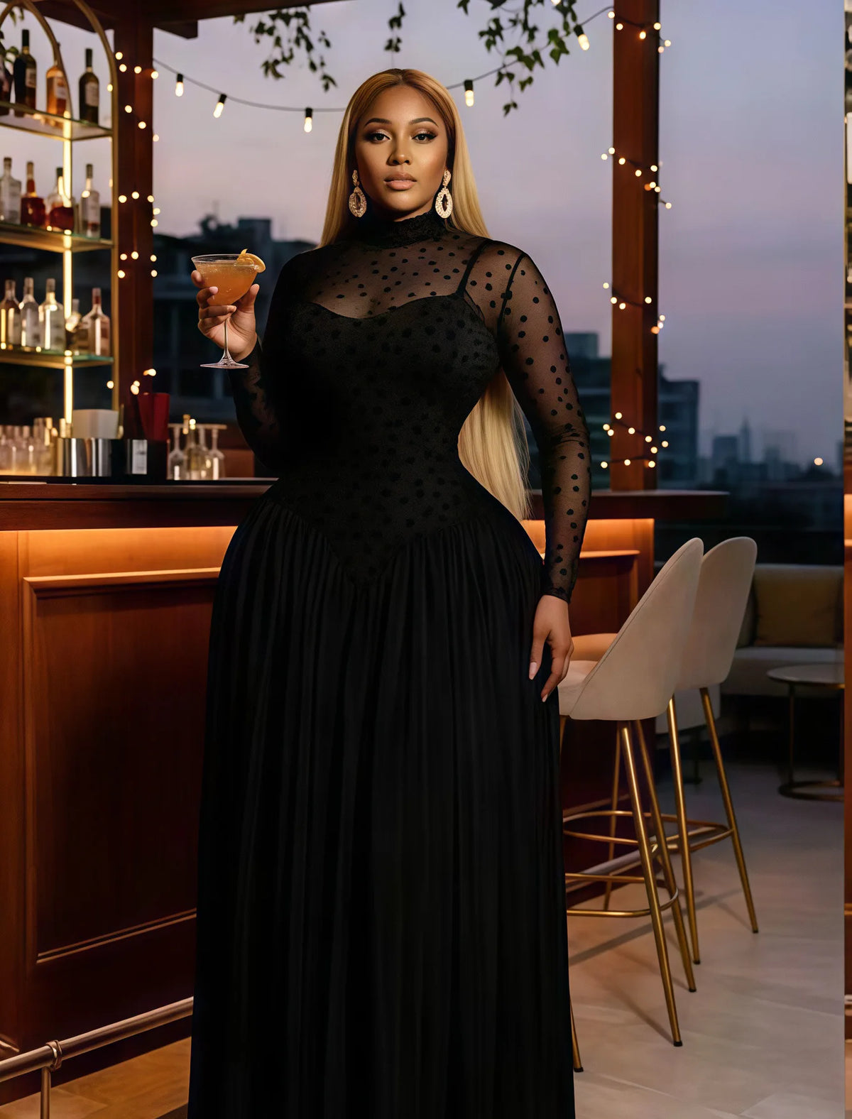 Pleated Stand Collar Maxi Dress With Long Sleeves for Women