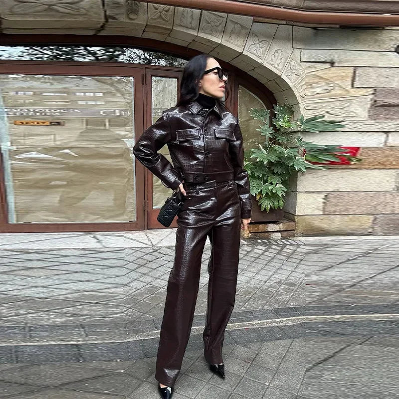 PU Leather Turn-Down Collar Jacket and Pants Set for Women
