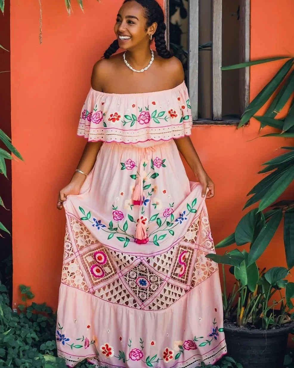Floral Print Off Shoulder High Waist Dress for Women