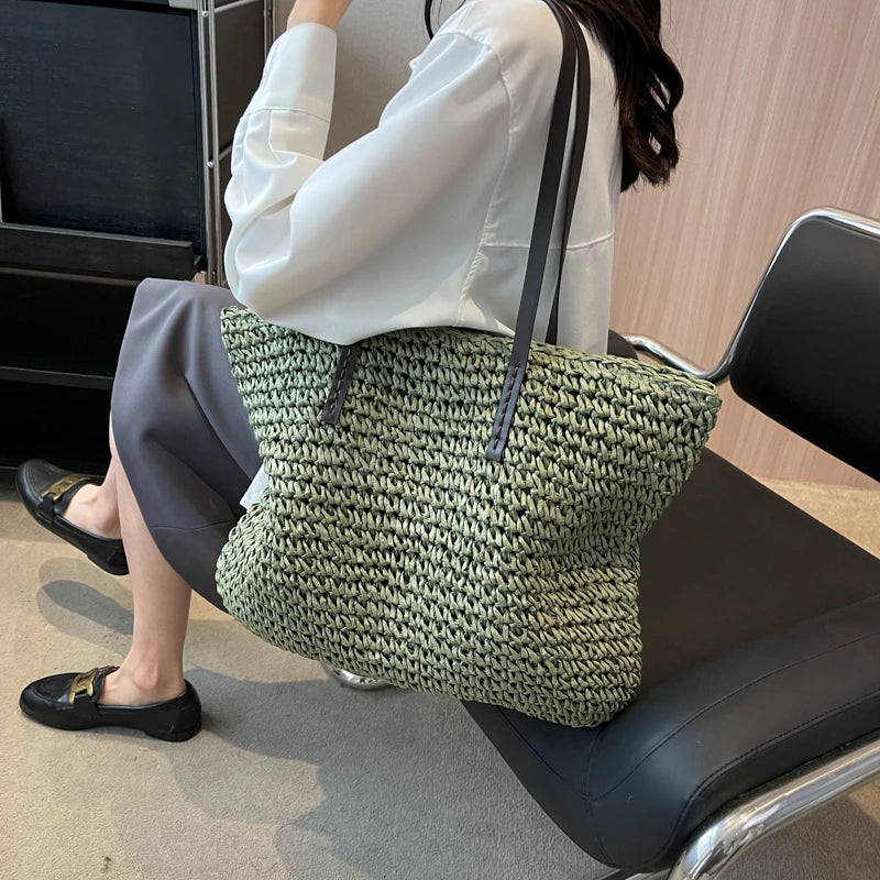 Large Capacity Straw Woven Shoulder Tote Bag for Women
