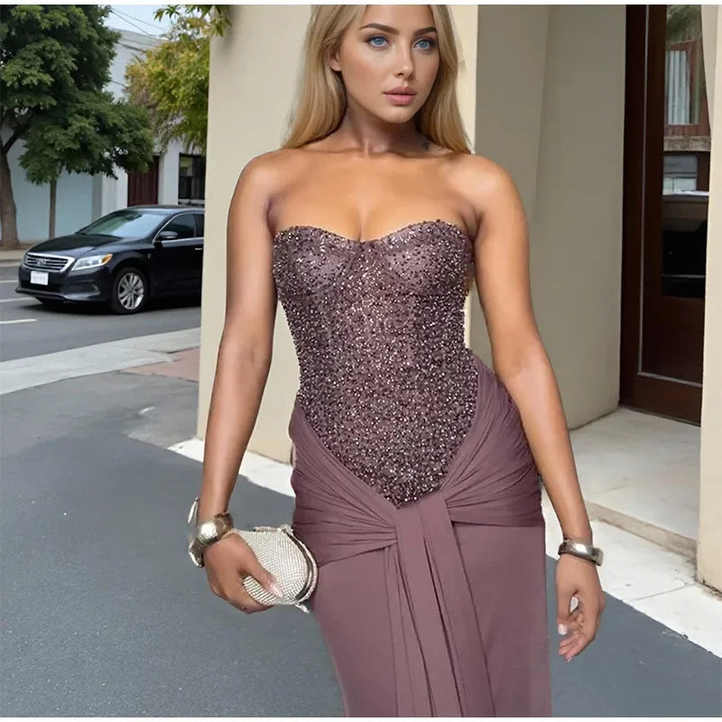 Solid Sexy Strapless Sequin Patchwork Dress Women Sleeveless Backless Cinched-waist Pleated Maxi Dresses Lady Party Evening Gown