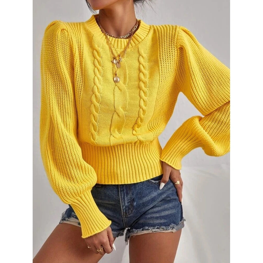 Women Round Neck Lantern Sleeve Knit Sweater Female Spring Casual Twist Rope Top y2k Clothes Streetwear