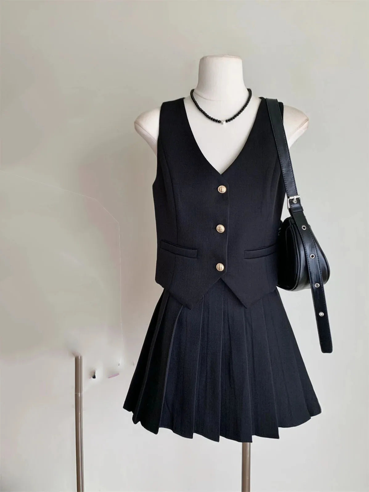 Elegant High Waist Pleated Skirt And Vest Set For Women