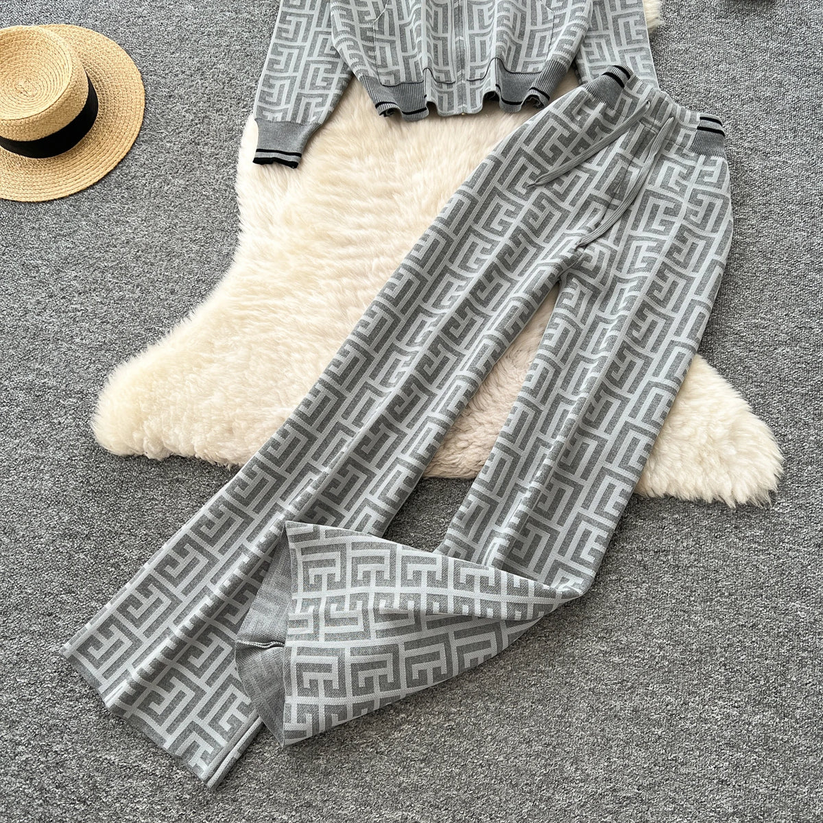 Geometric Print Hooded Knit Two Piece Set for Women