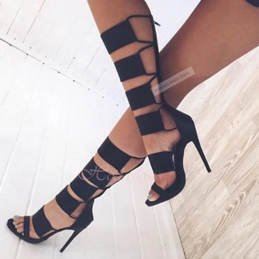 Knee High Cutout Strappy Leather Boots With Stiletto Heels for Women