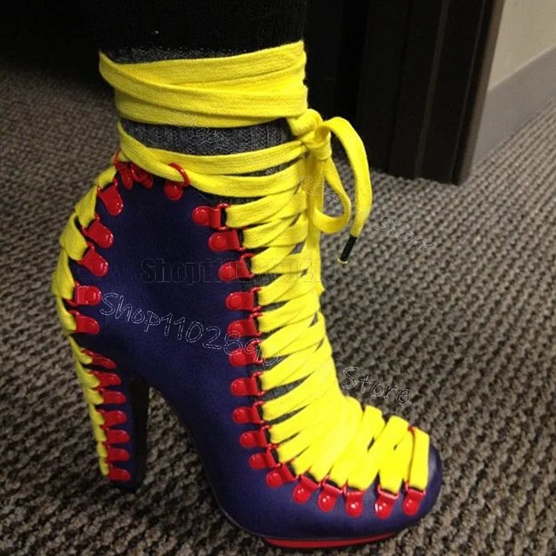 Blue and Yellow Suede Lace Up Ankle Boots for Women