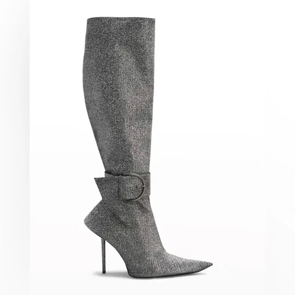 Elegant Grey Pointed Toe Stiletto Knee High Boots Metal Buckle for Women