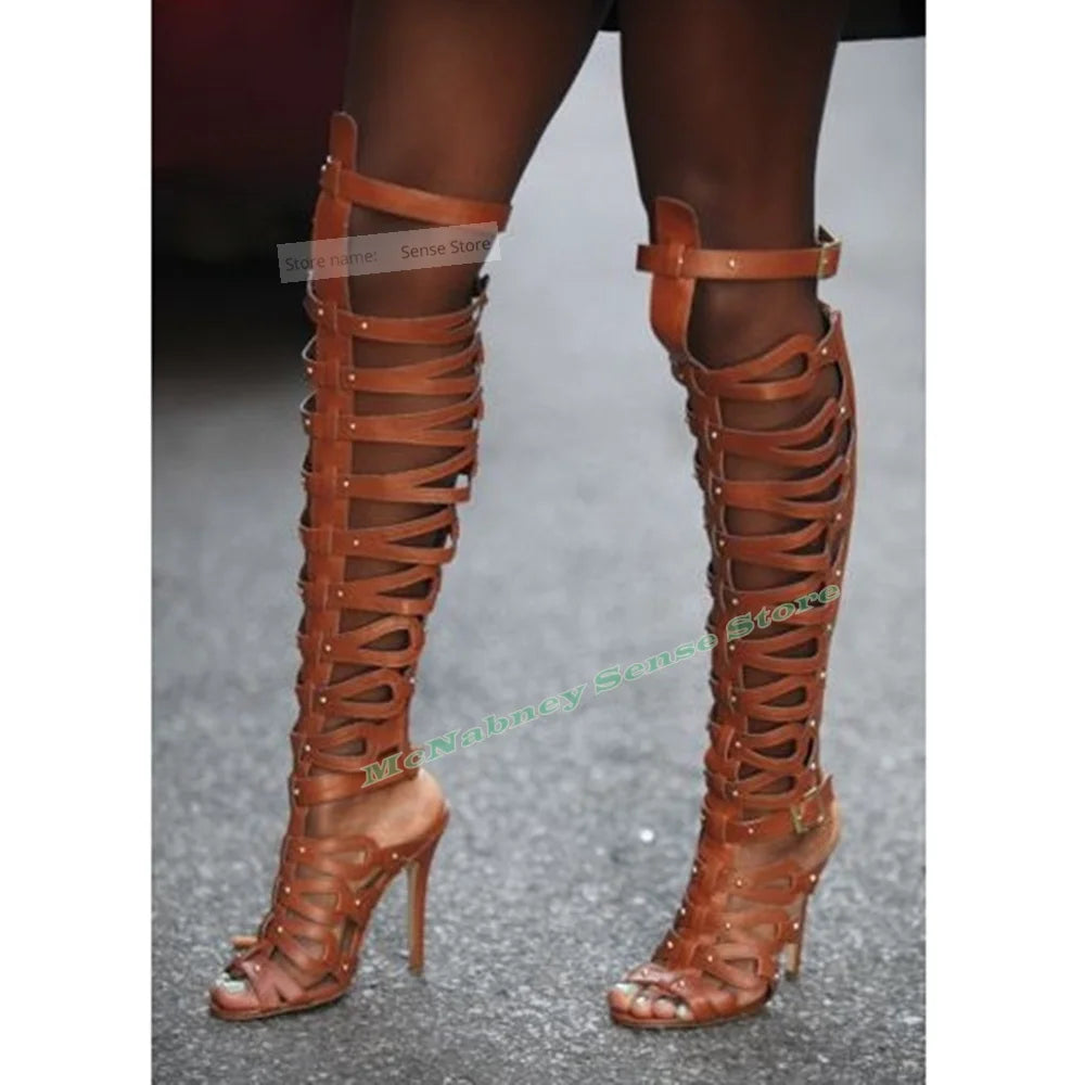Riveted Pointy Toe Knee High Boots With Thin Heel For Women
