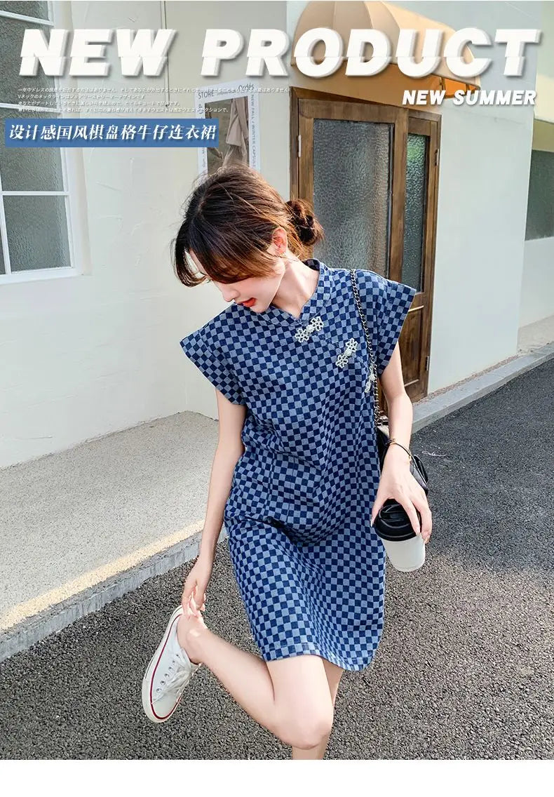 Checkered Ethnic Style Summer Lightweight A Line Dress for Women