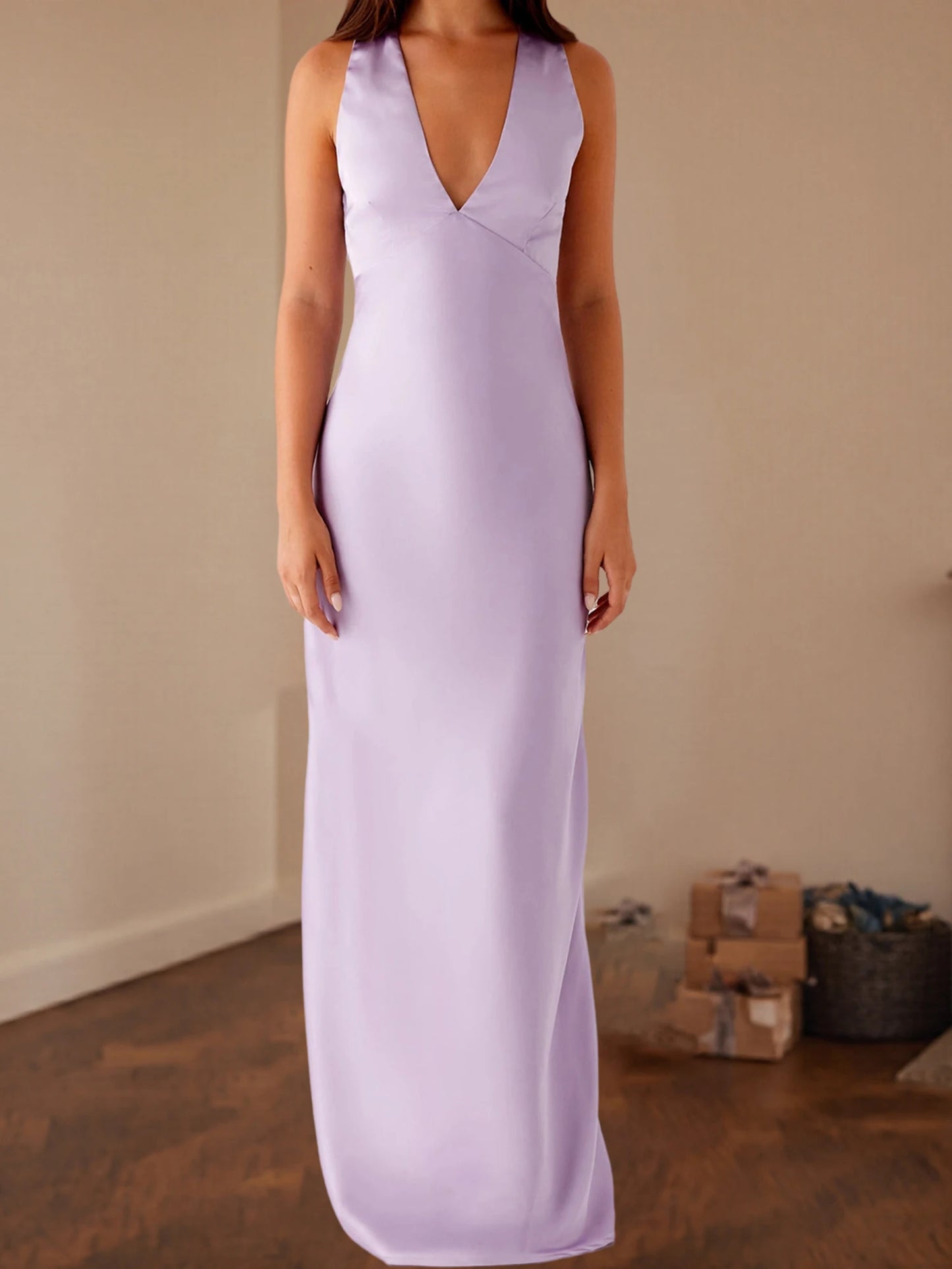 Women's Satin Halter Dress Solid Color Back Cross Elegant Slim Fit Dress for Party, Wedding